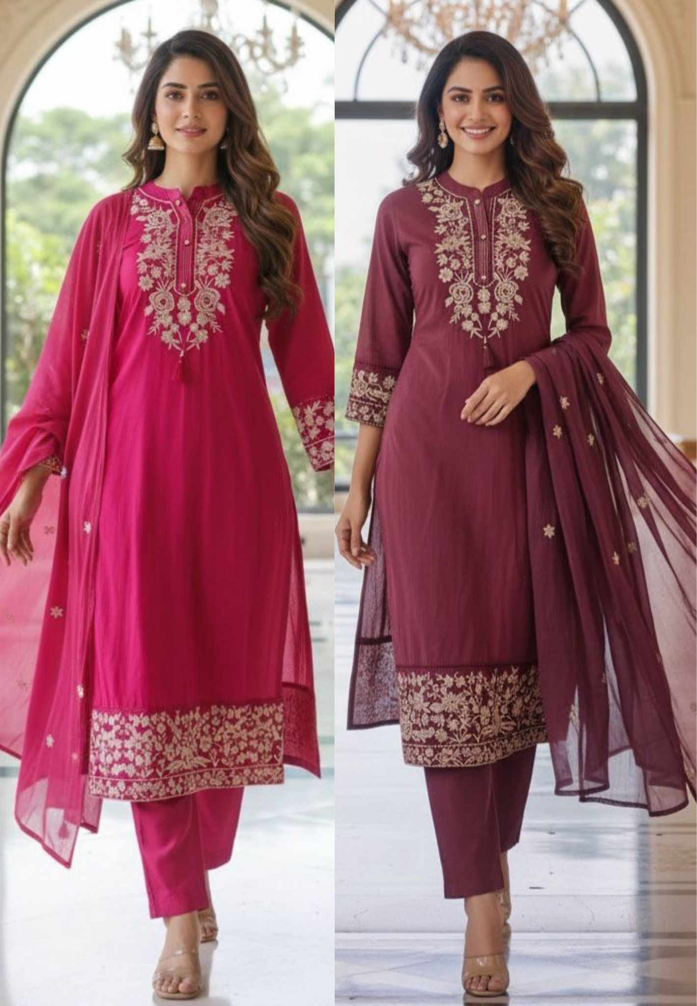 Mandarian Collar Cotton Thread Embroidered Full Suit Set With Dupatta- 12089,12090