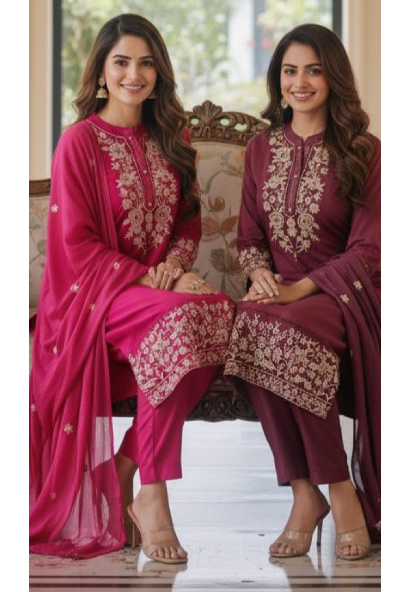 Mandarian Collar Cotton Thread Embroidered Full Suit Set With Dupatta- 12089,12090