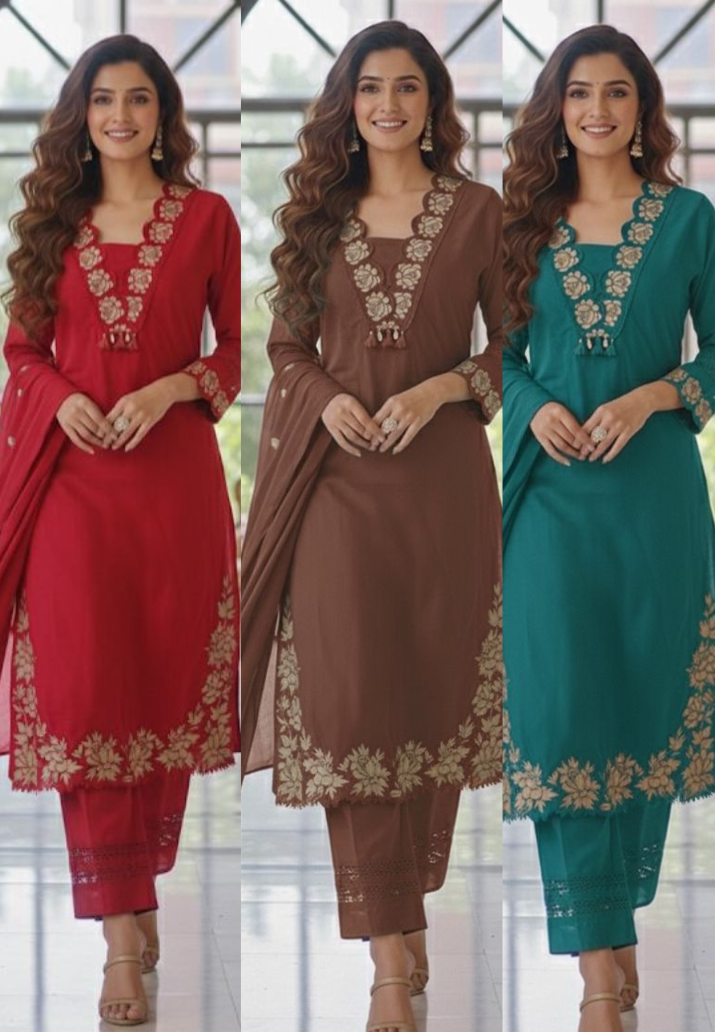 Rose Thread Embroidered V-Neck Cotton Full Suit Set With Dupatta- 12100,12098,12101,12099