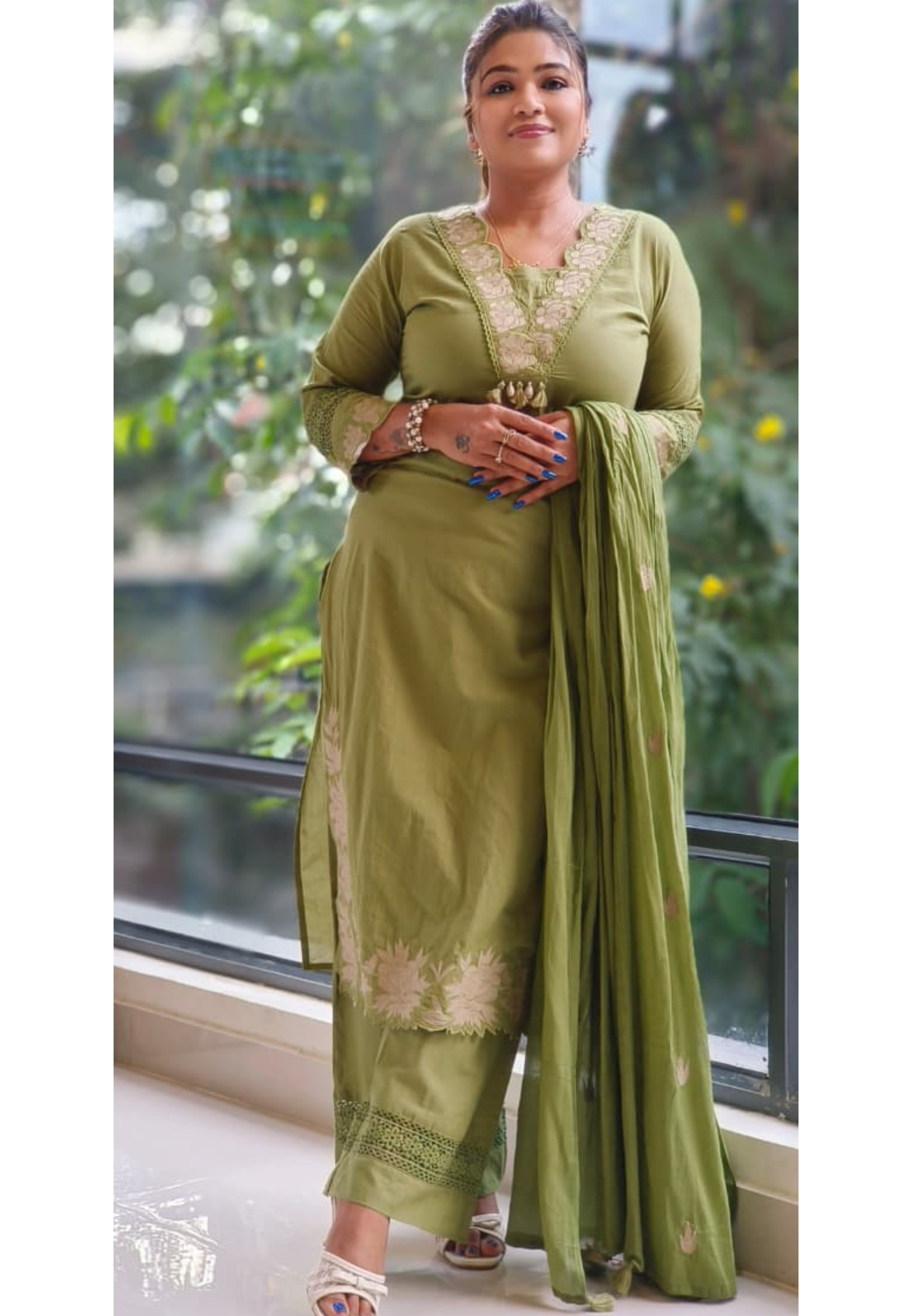 Rose Thread Embroidered V-Neck Cotton Full Suit Set With Dupatta- 12100,12098,12101,12099