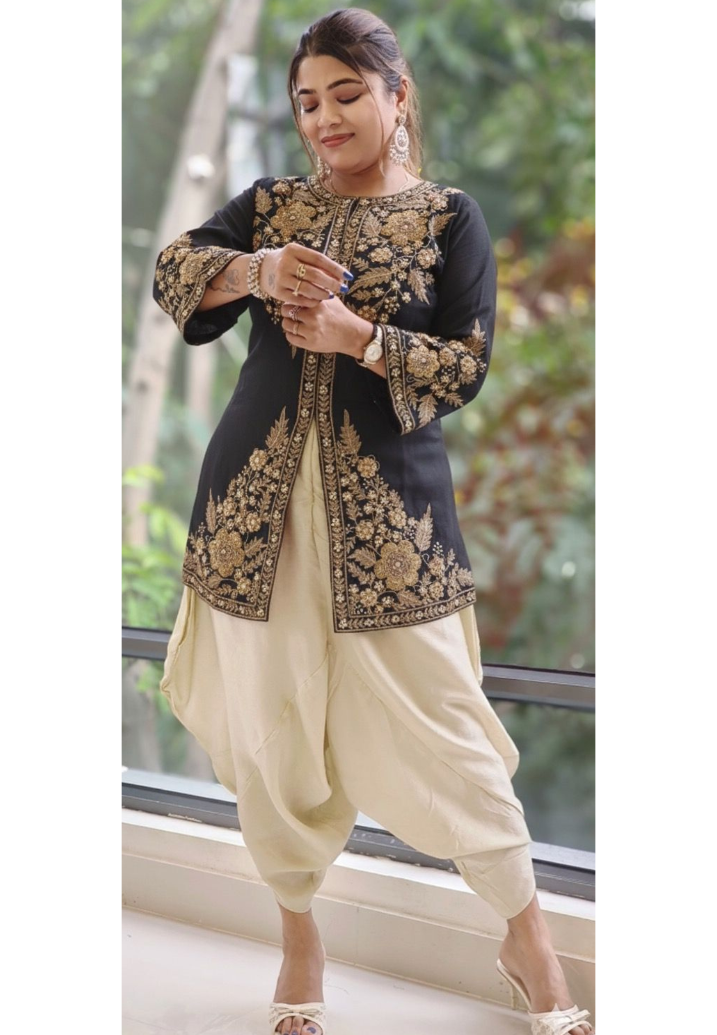 Front Slitted Grand Work Short Length Kurta With Designer Harem Bottom- 12147