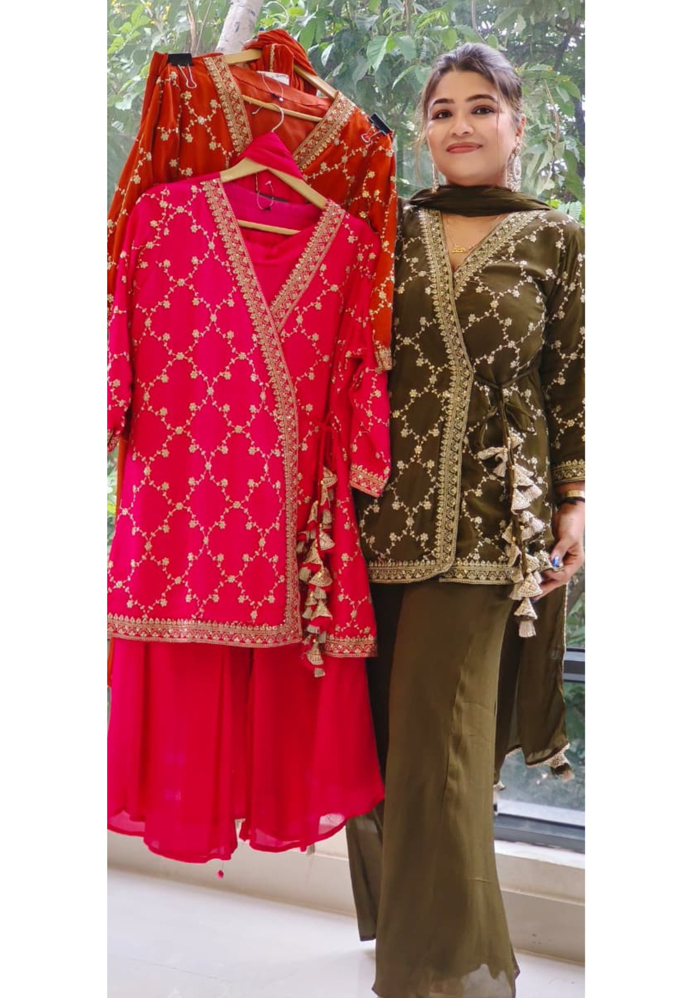 Embroidered Chinon Fabric Angrakha Style Top With Loose Bottom Kurta Set With Tassel Detailing Full Suit Set-12133,34,35