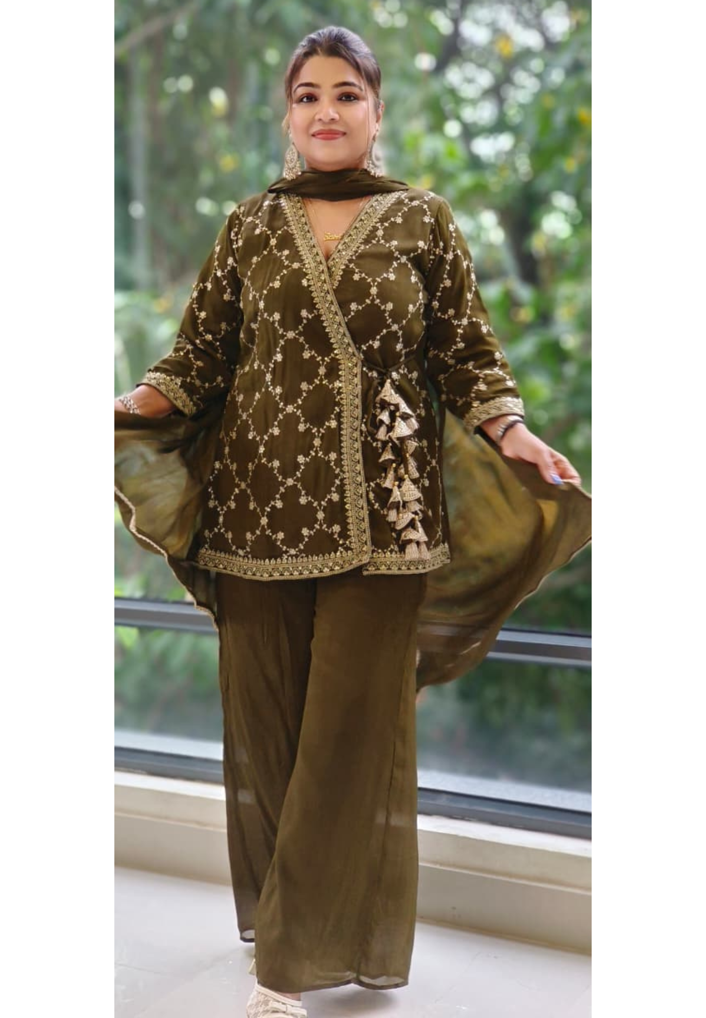 Embroidered Chinon Fabric Angrakha Style Top With Loose Bottom Kurta Set With Tassel Detailing Full Suit Set-12133,34,35