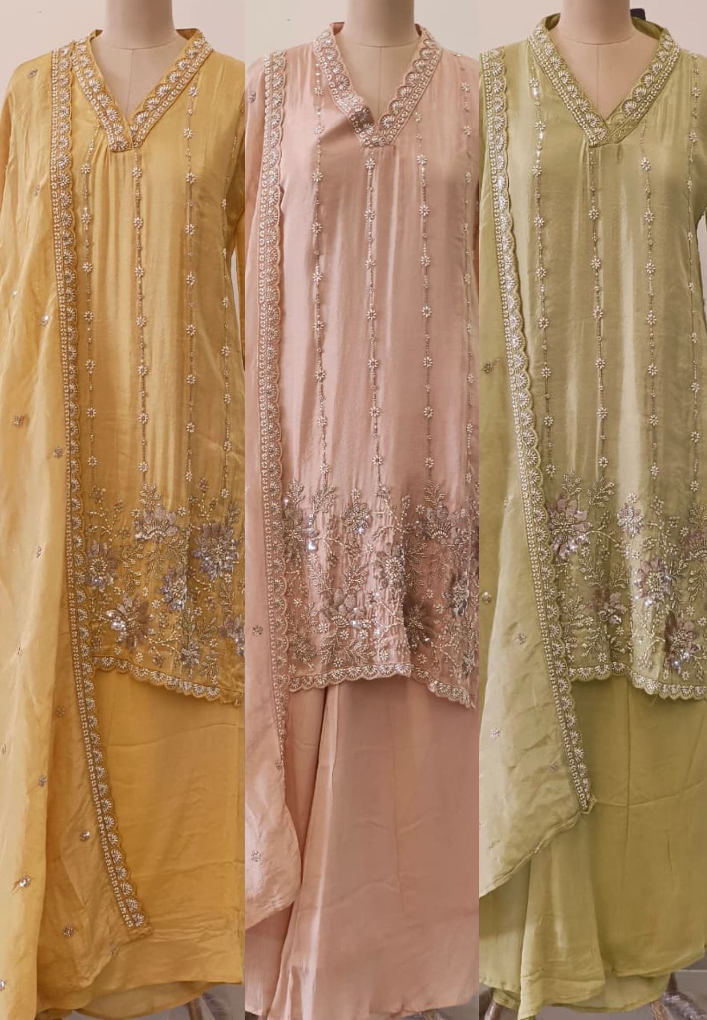 Shimmer Tissue Kurta with Loose Palazo Set with Hand Embellished Floral Hemline and V-Neck Detailing Full Set- 12131, 12130, 12129