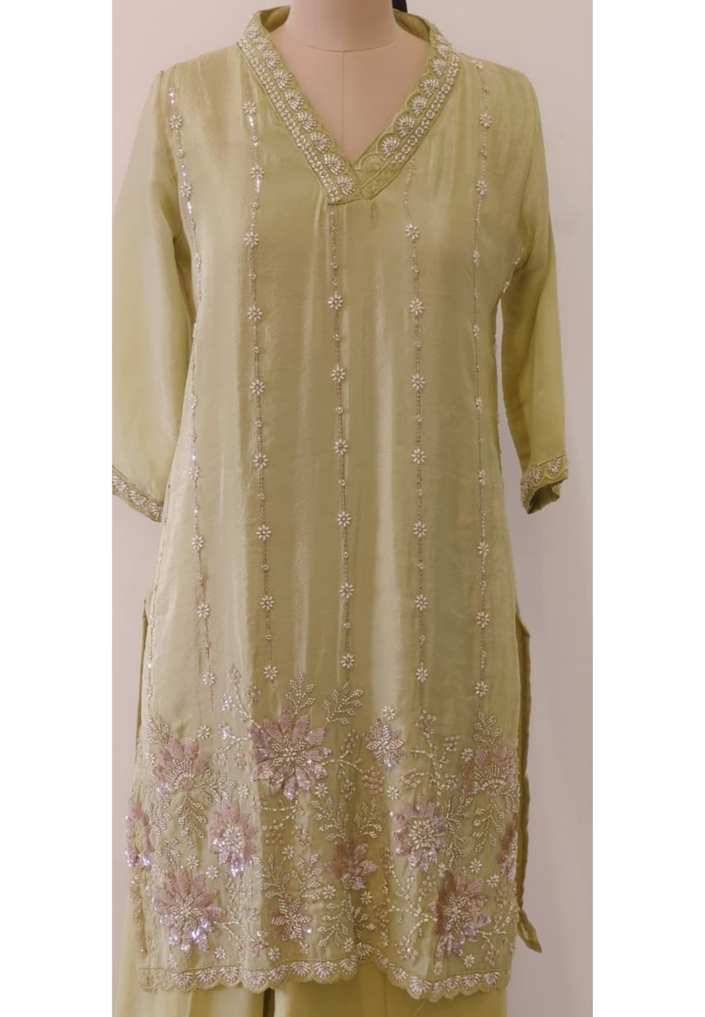 Shimmer Tissue Kurta with Loose Palazo Set with Hand Embellished Floral Hemline and V-Neck Detailing Full Set- 12131, 12130, 12129