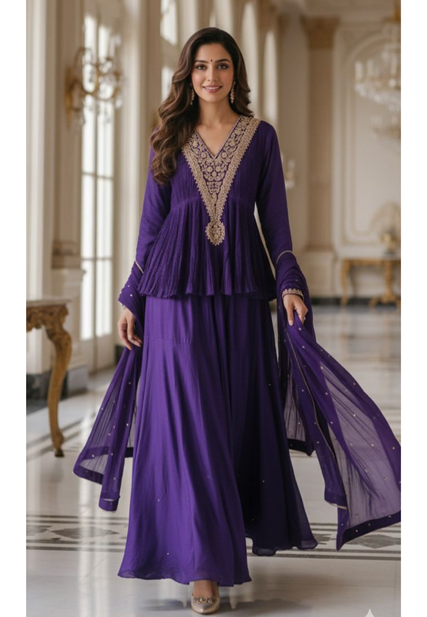 Very Stylish Zari Coiled V-Designed A-Line Short Kurta With Panel Palazzo Bottom & Dupatta In Crush Fabric- 12152