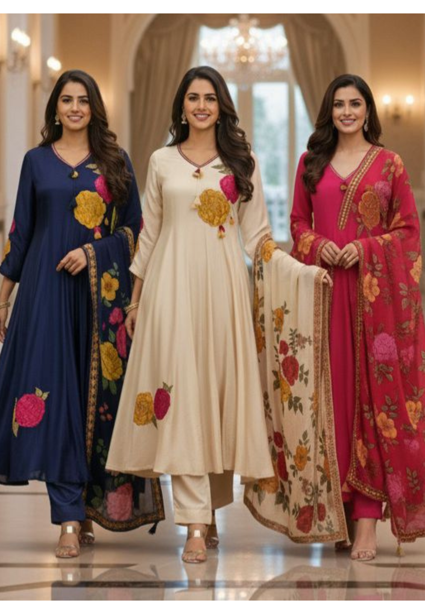 Floral Embroidered Work V-Neck Tassel A-Line Full Suit Set With Dupatta In Crepe Fabric- 11965, 11966