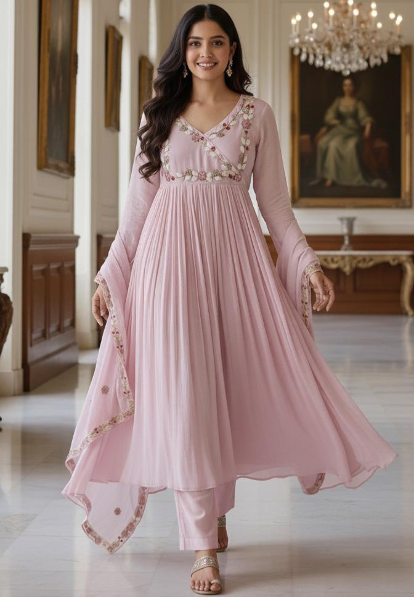 Very Elegant Decent Thread Embroidered Chinon Anarkali Full Suit Set With Dupatta- 11211