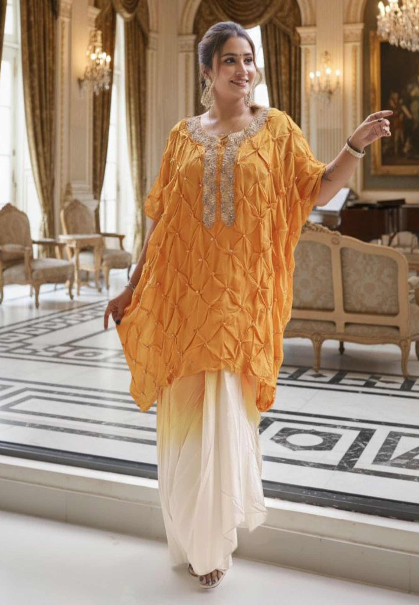 Unique Tie & Die Suttle Work Kaftan Look Kurta With Double Toned Drape Skirt Indo Western Wear- 12144