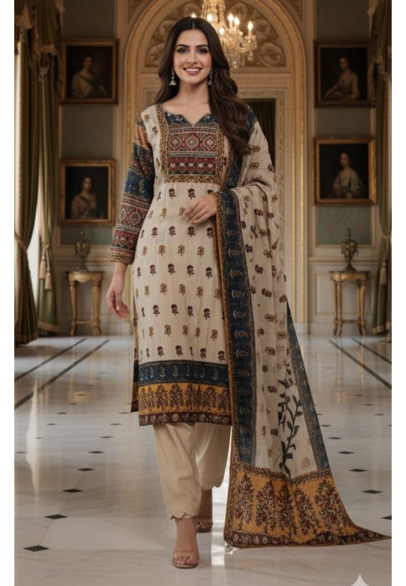 Kalamkari Block Front Printed Full Suit Set With Dupatta In Crepe Fabric- 12109