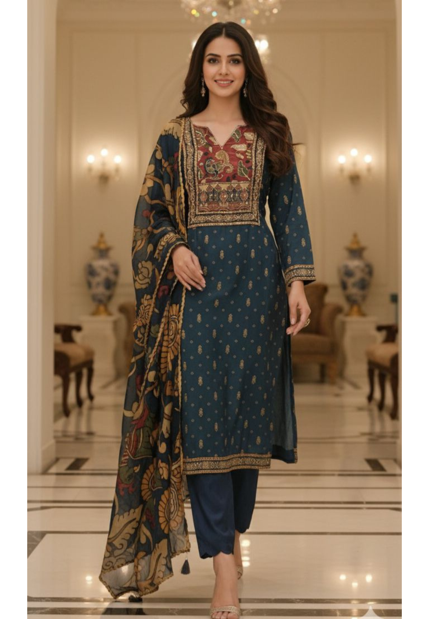 Elegant Teal Crepe Kurta Set Featuring Intricate Neck Detailing, Solid Straight Pants, and Flowing Printed Organza Dupatta-12117
