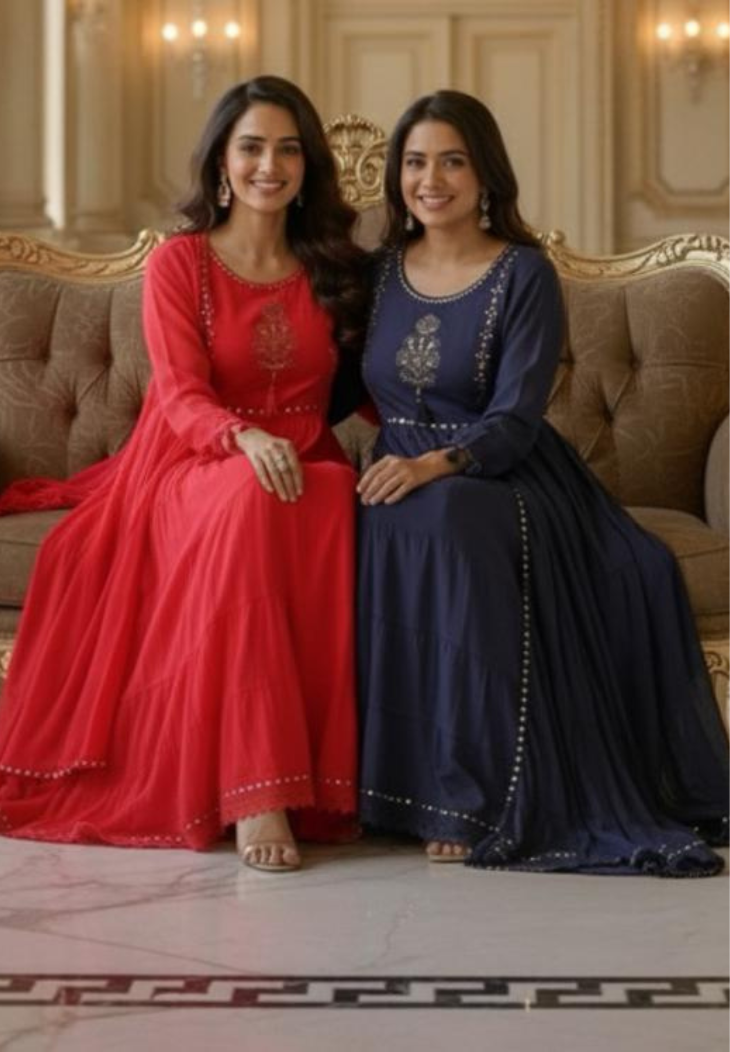 Foil Mirror Mal Cotton Embroidered Frill Anarkali Style Full Suit Set With Dupatta-12176,12177