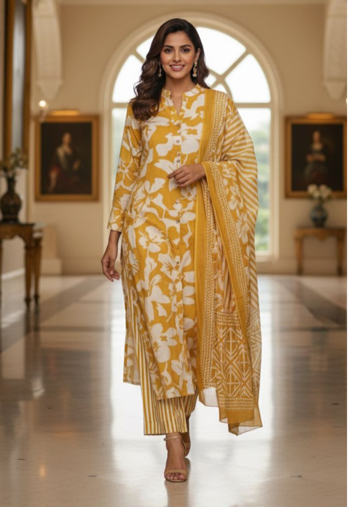 Yellow Floral Printed Pure Cotton Casual Kurta Pant And Dupatta Full Set-12195