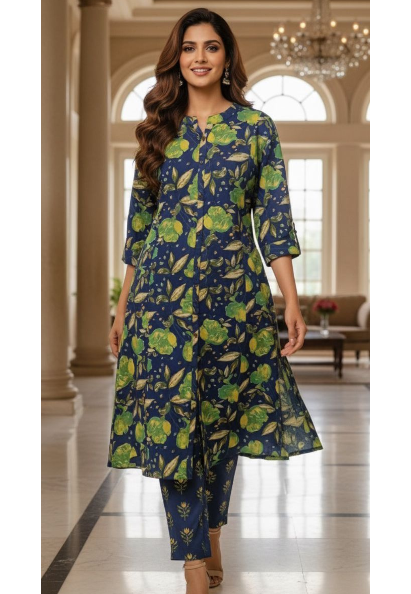 Blue Green Printed Pure Cotton Floral Print Aline Kurta Pant-12184 Dispatching From Monday