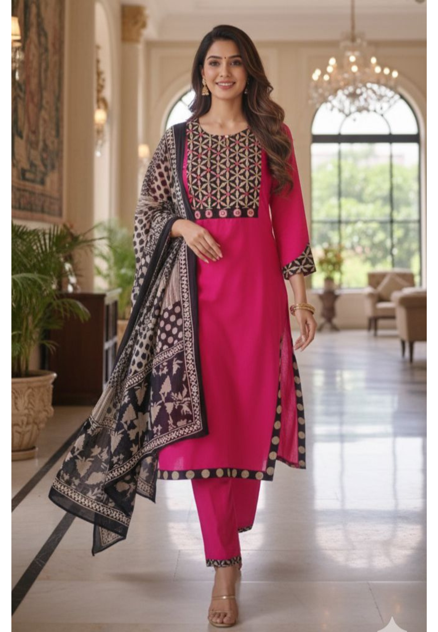 Foil Mirror Beautiful Yoke Pink With Black Contrast Cotton Full Suit Set-12198
