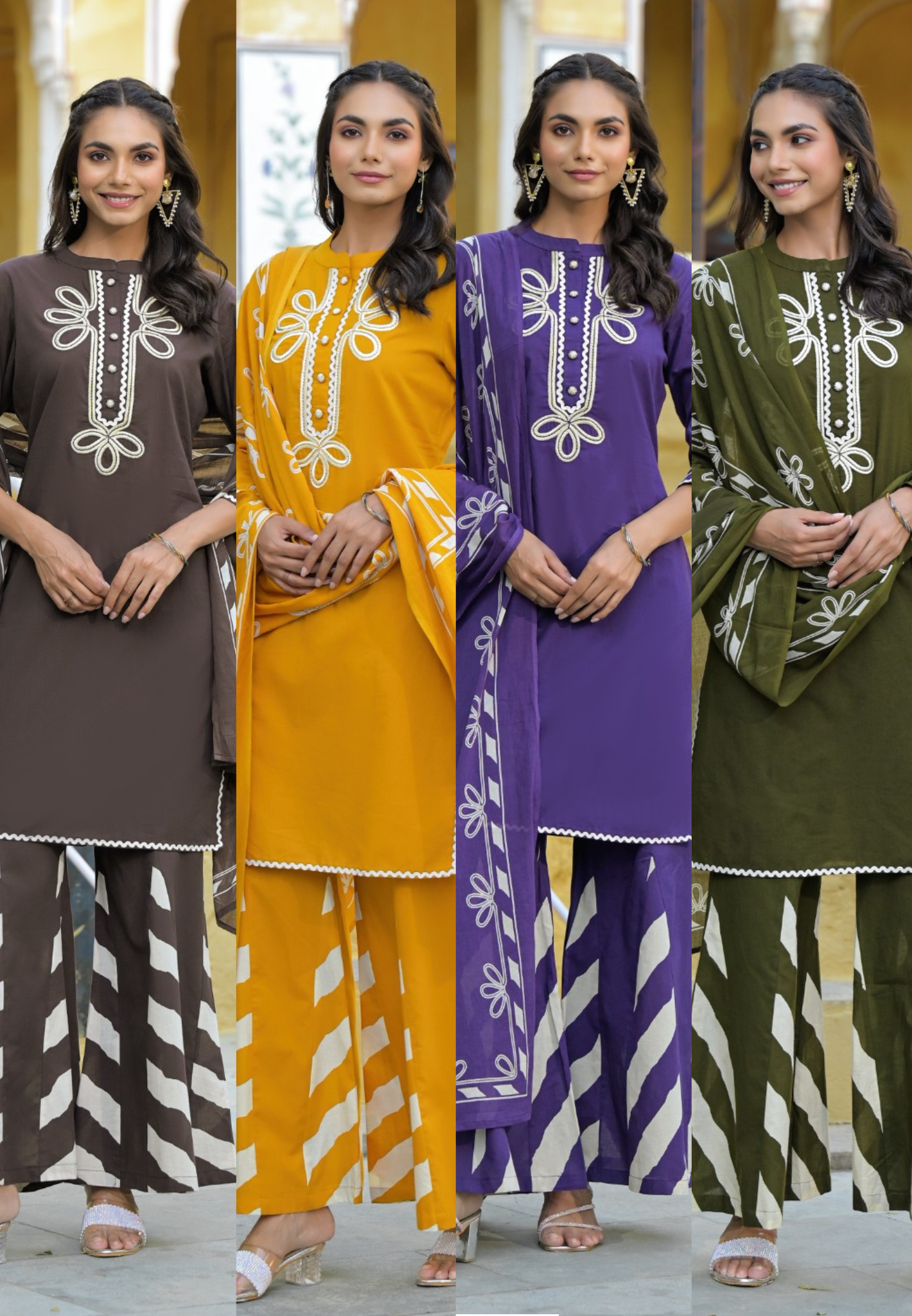 Summer Wear Embroidered Cotton Kurta With Taper Palazzo With Dupatta-12210,12211,12212,12209
