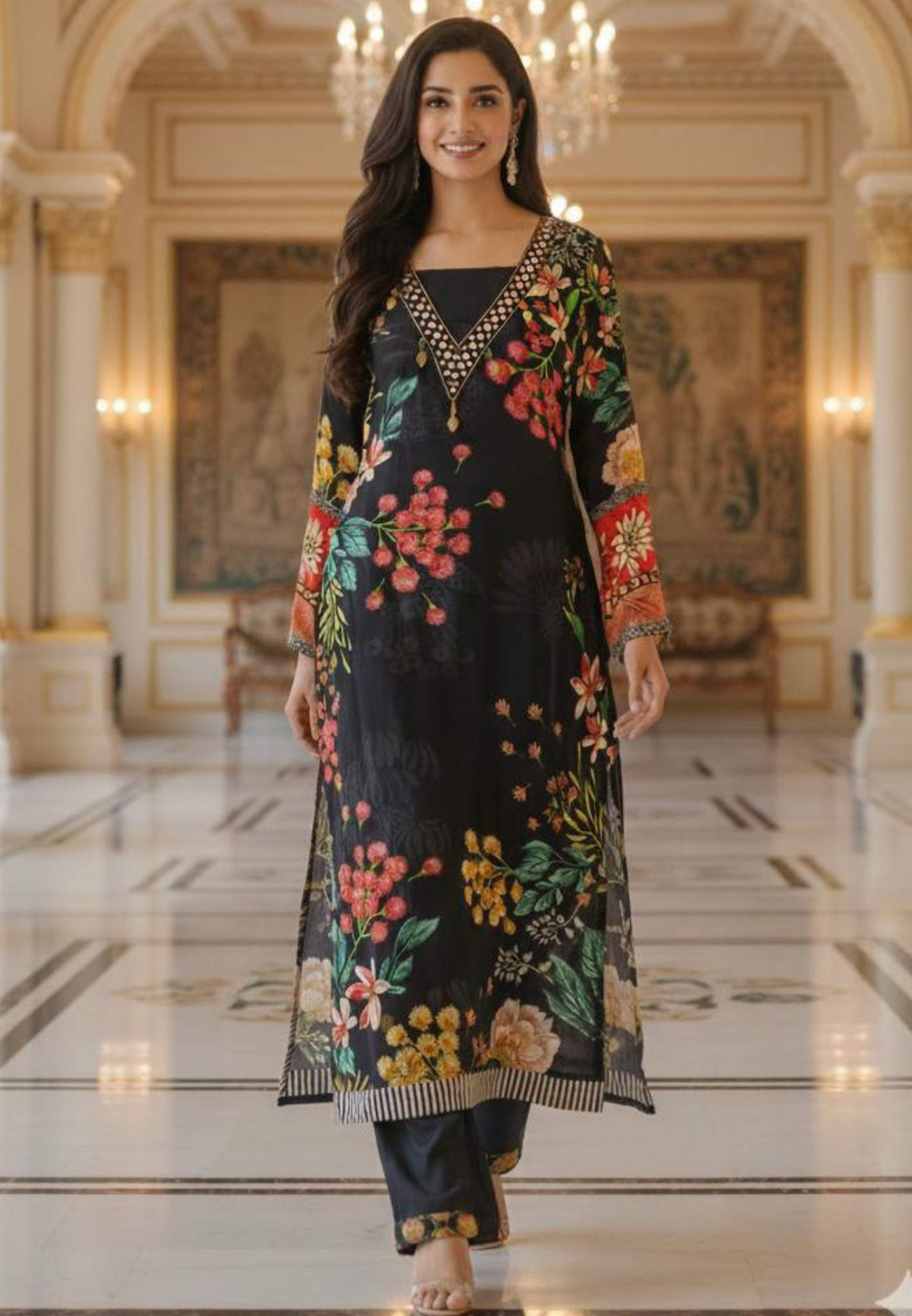 Bright Floral Pure Crepe Cordset with Busters-12217