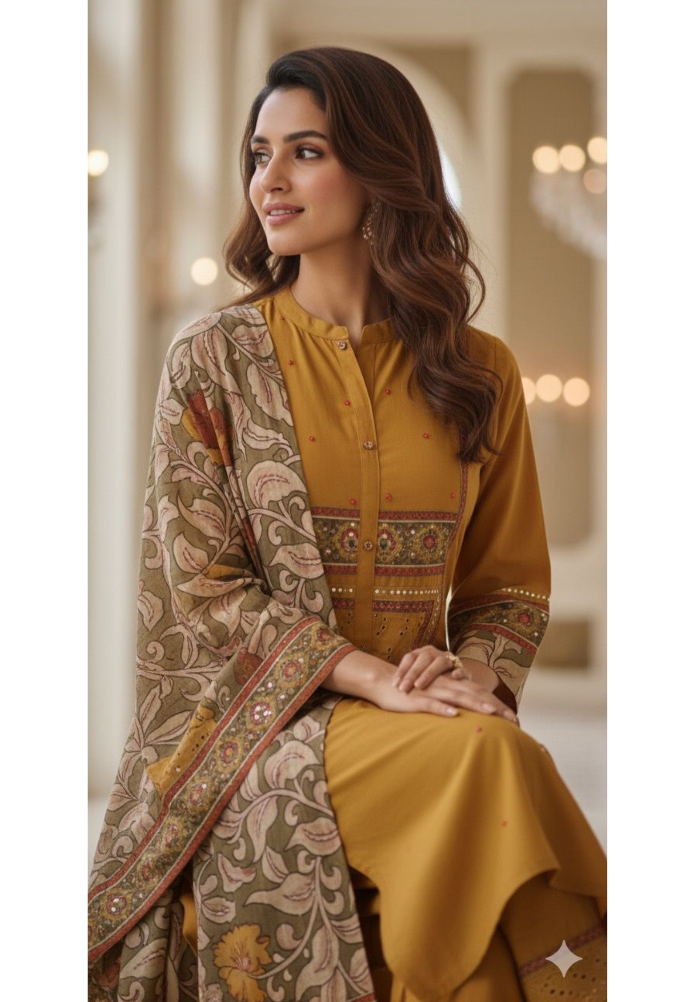 Luxury Flex Cotton Kurta Embroidered Patterns and Embellishments Full Suit Set with Kalamkari Dupatta-12283