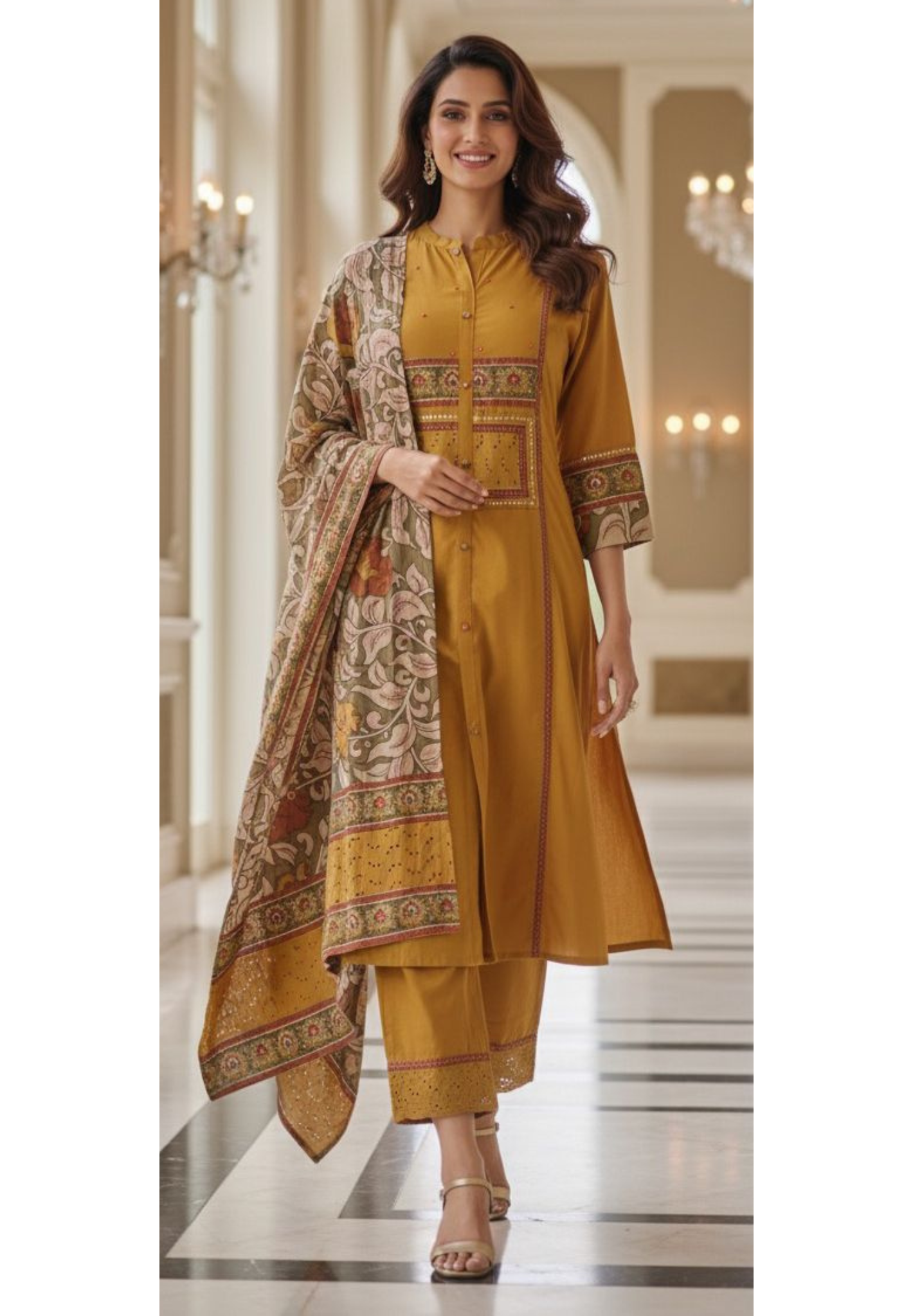 Luxury Flex Cotton Kurta Embroidered Patterns and Embellishments Full Suit Set with Kalamkari Dupatta-12283