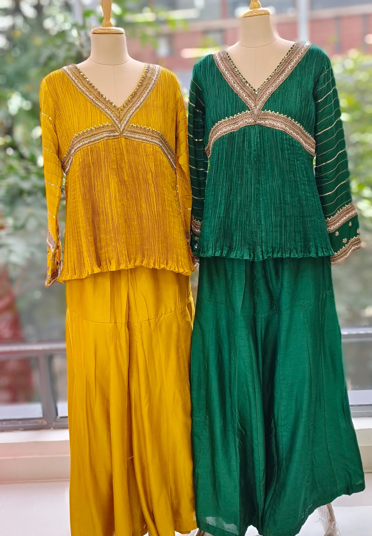 Stylish Zari Gotta Bordered Crushed Peplum Short Kurta With Flared Tapper Pannel Sharara Bottom- 11315