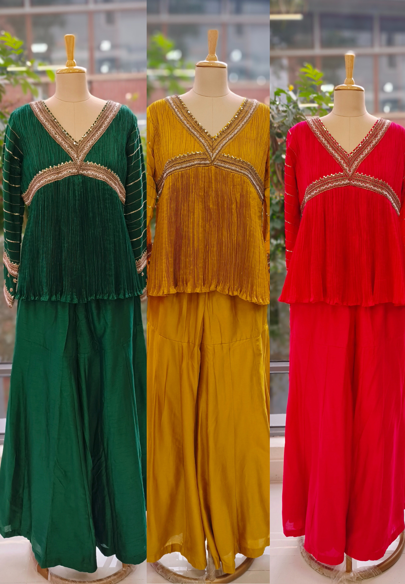 Stylish Zari Gotta Bordered Crushed Peplum Short Kurta With Flared Tapper Pannel Sharara Bottom- 11315