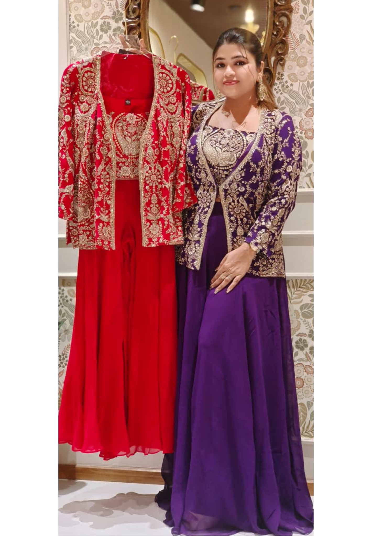 Heavily Worked Middle Length Jacket With Buster & Very Flared Loose Palazzo Bottom- 12471