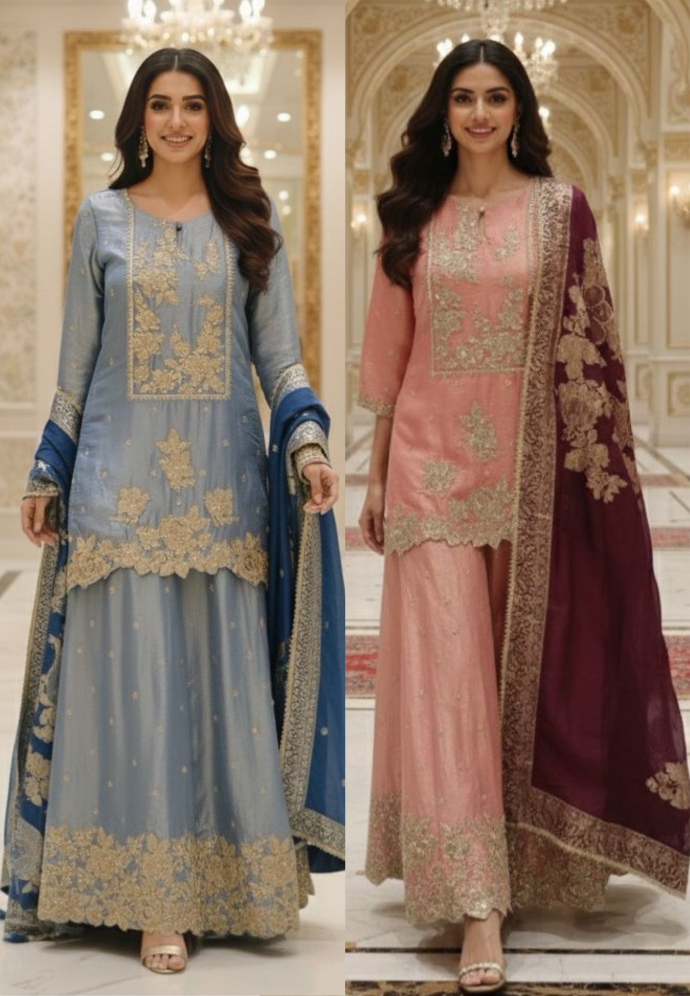 Heavily Designed Pastel Shade Short Length Kurta With Heavy Skirt Bottom(With Cane Cane) & Dupatta In Tissue Fabric