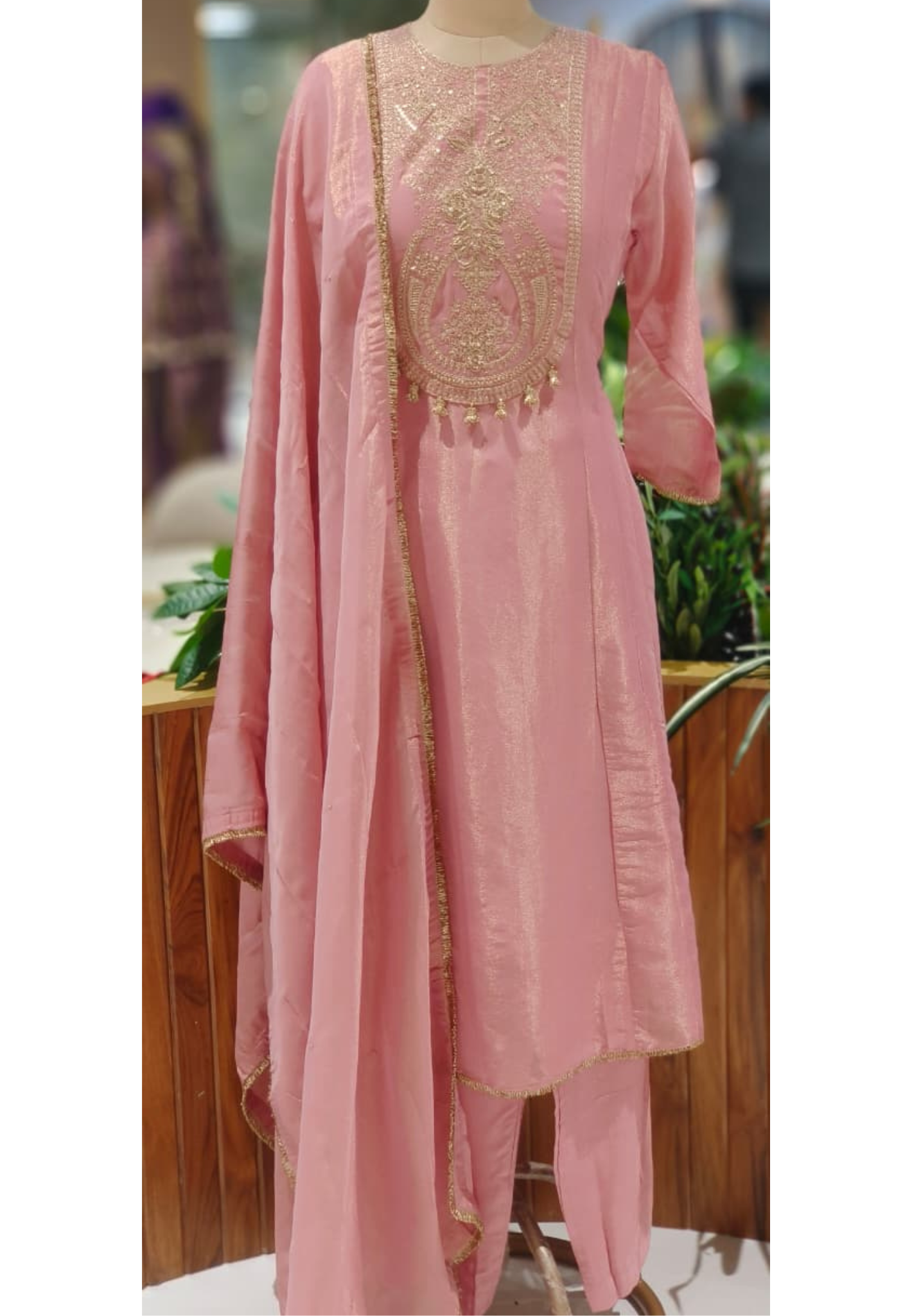 Golden Zardosi Front Work With Tassel Panel A-Line Full Suit Set Wih Dupatta In Tissue Fabric- 12547