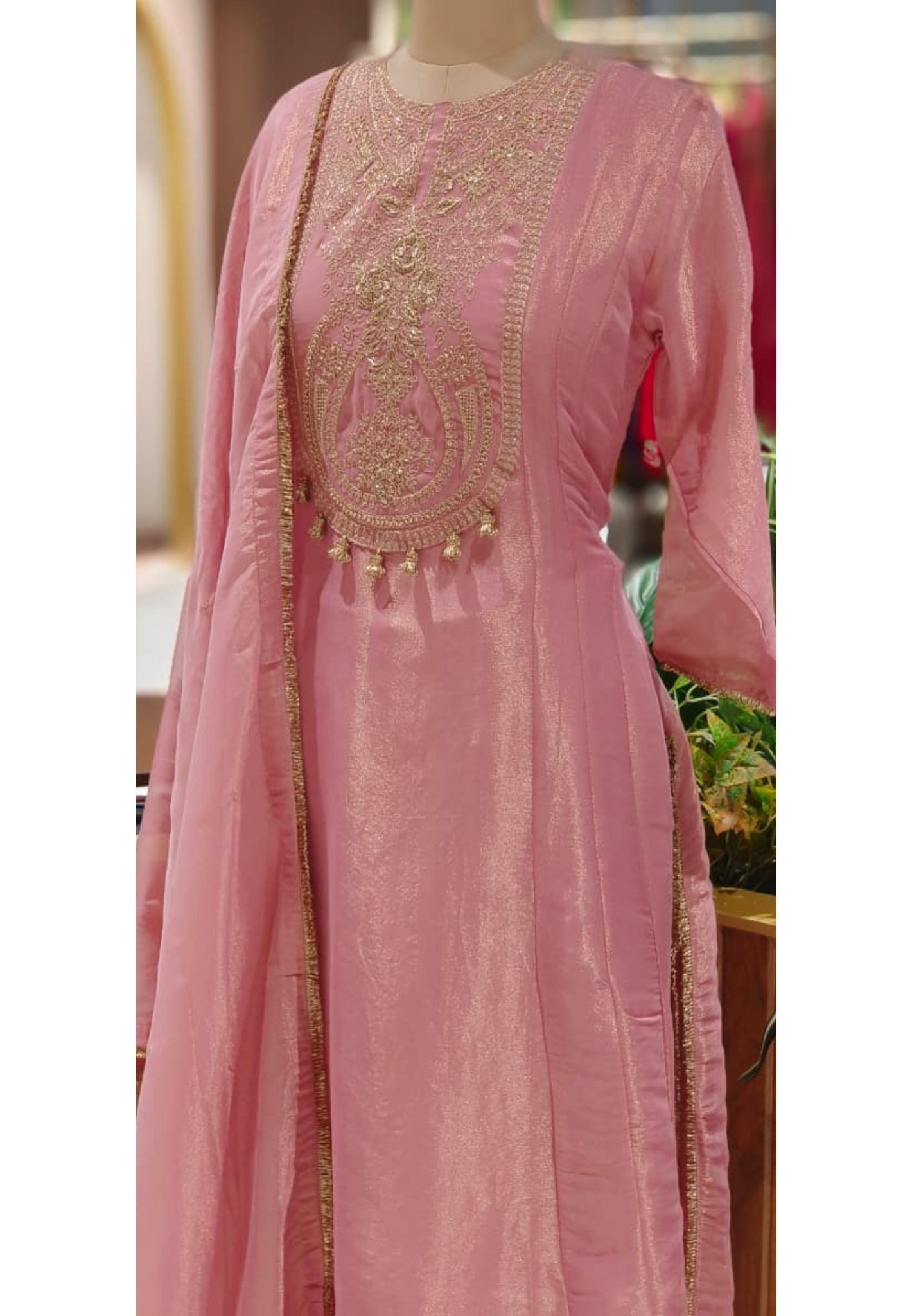 Golden Zardosi Front Work With Tassel Panel A-Line Full Suit Set Wih Dupatta In Tissue Fabric- 12547