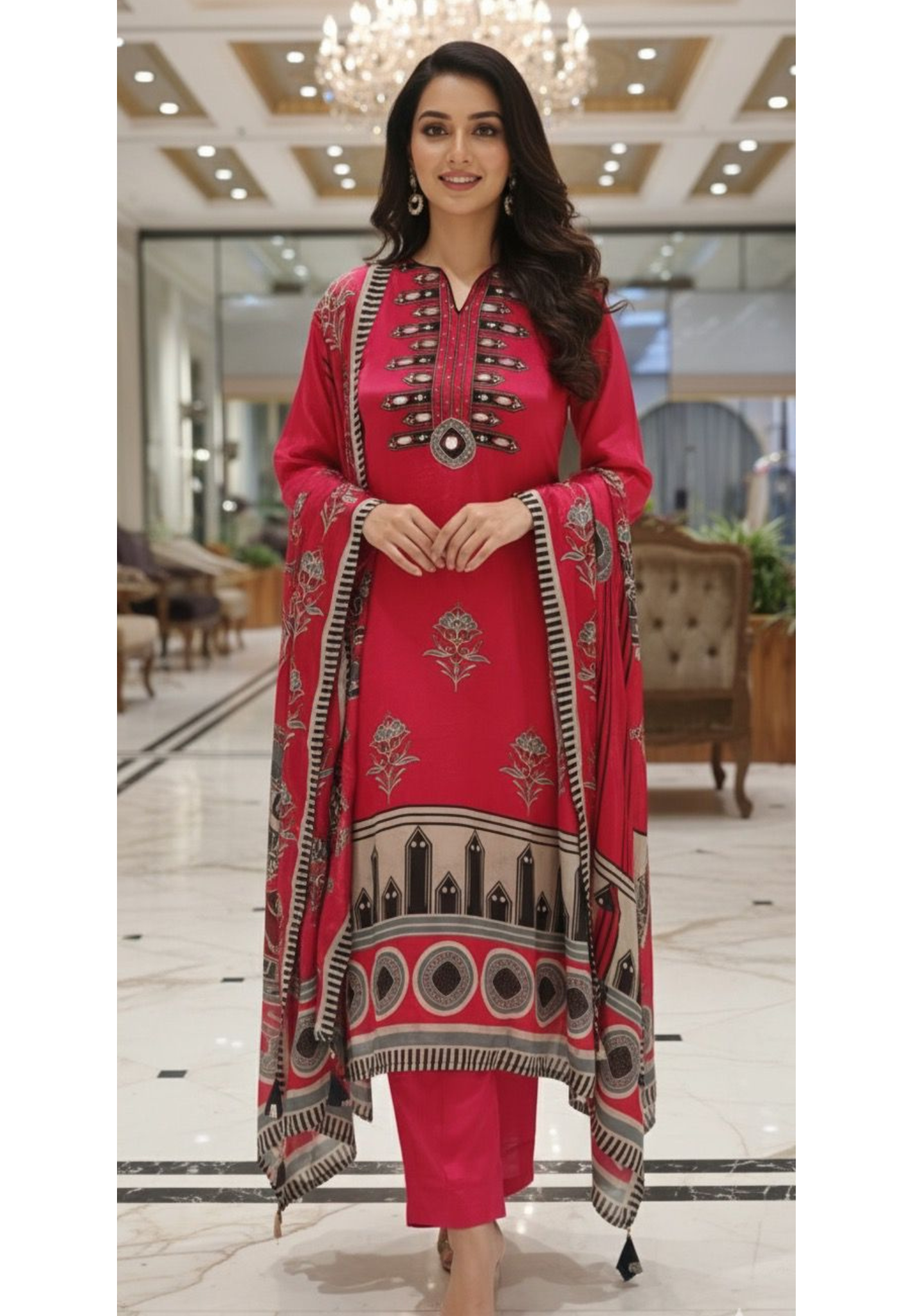 Real Mirror Abstract Printed Vibrant Full Suit Set With Dupatta In Crepe Fabric- 12514