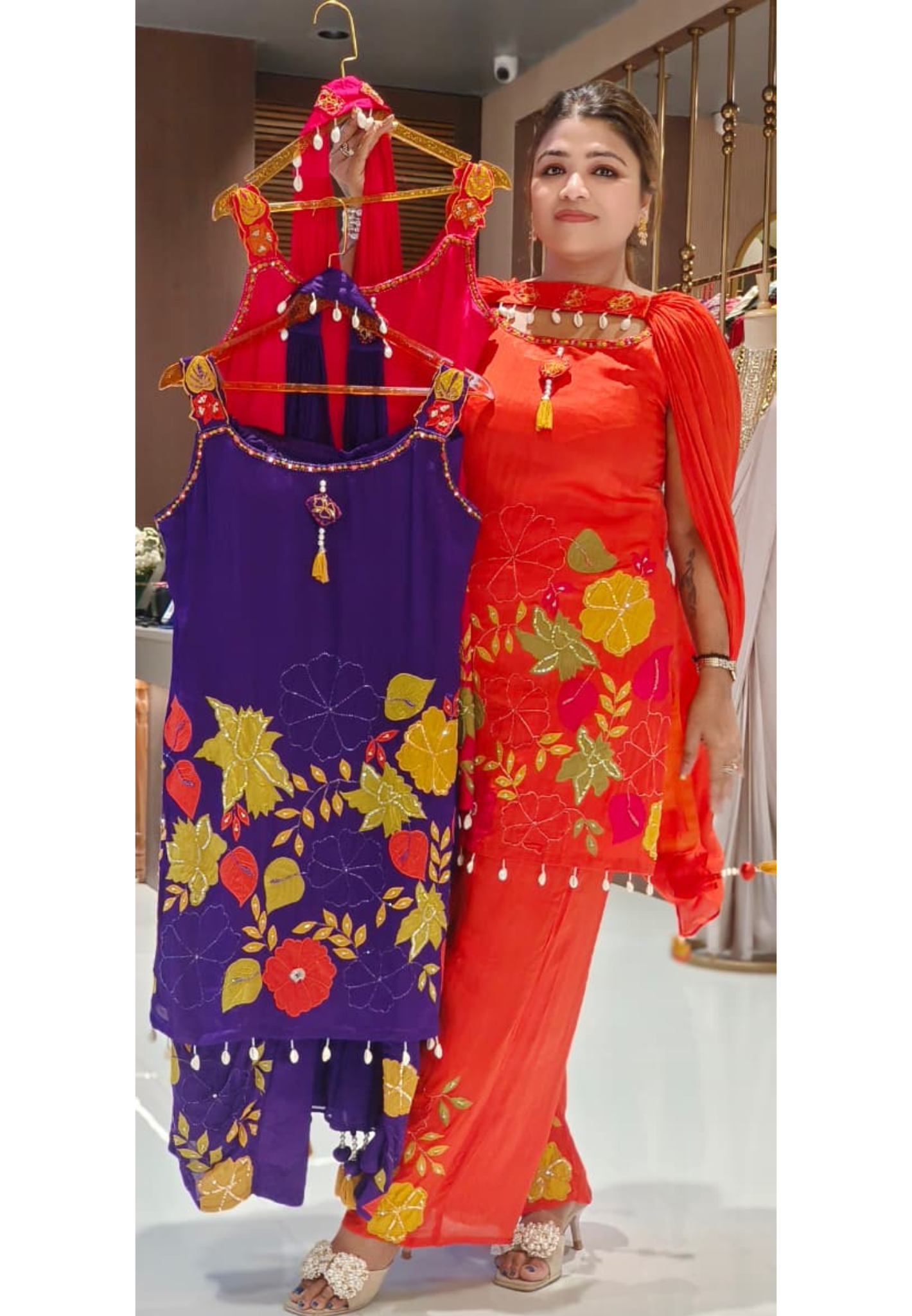 Floral Patched Shell Tasseled Sleeveless Short Length Kurta With Loose Bottom & Chowker Dupatta In Chinon Fabric-12565,12564,12563