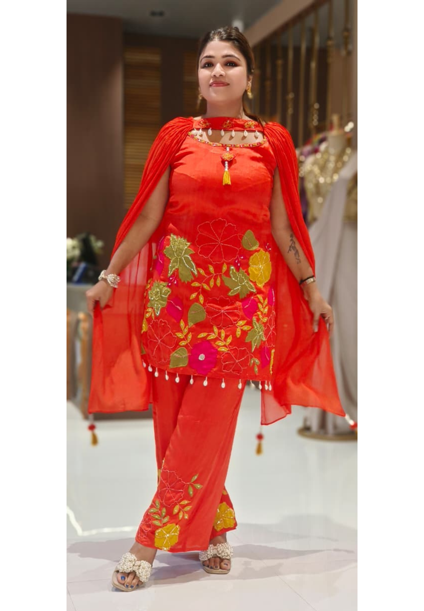 Floral Patched Shell Tasseled Sleeveless Short Length Kurta With Loose Bottom & Chowker Dupatta In Chinon Fabric-12565,12564,12563