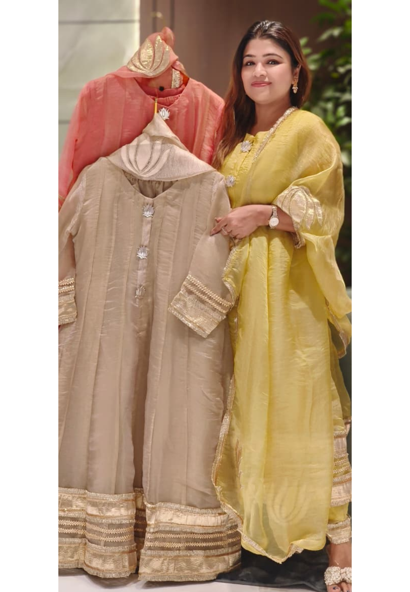 Tissue Panel Anarkali Full Suit Set With Beautiful Golden Borders & Broches