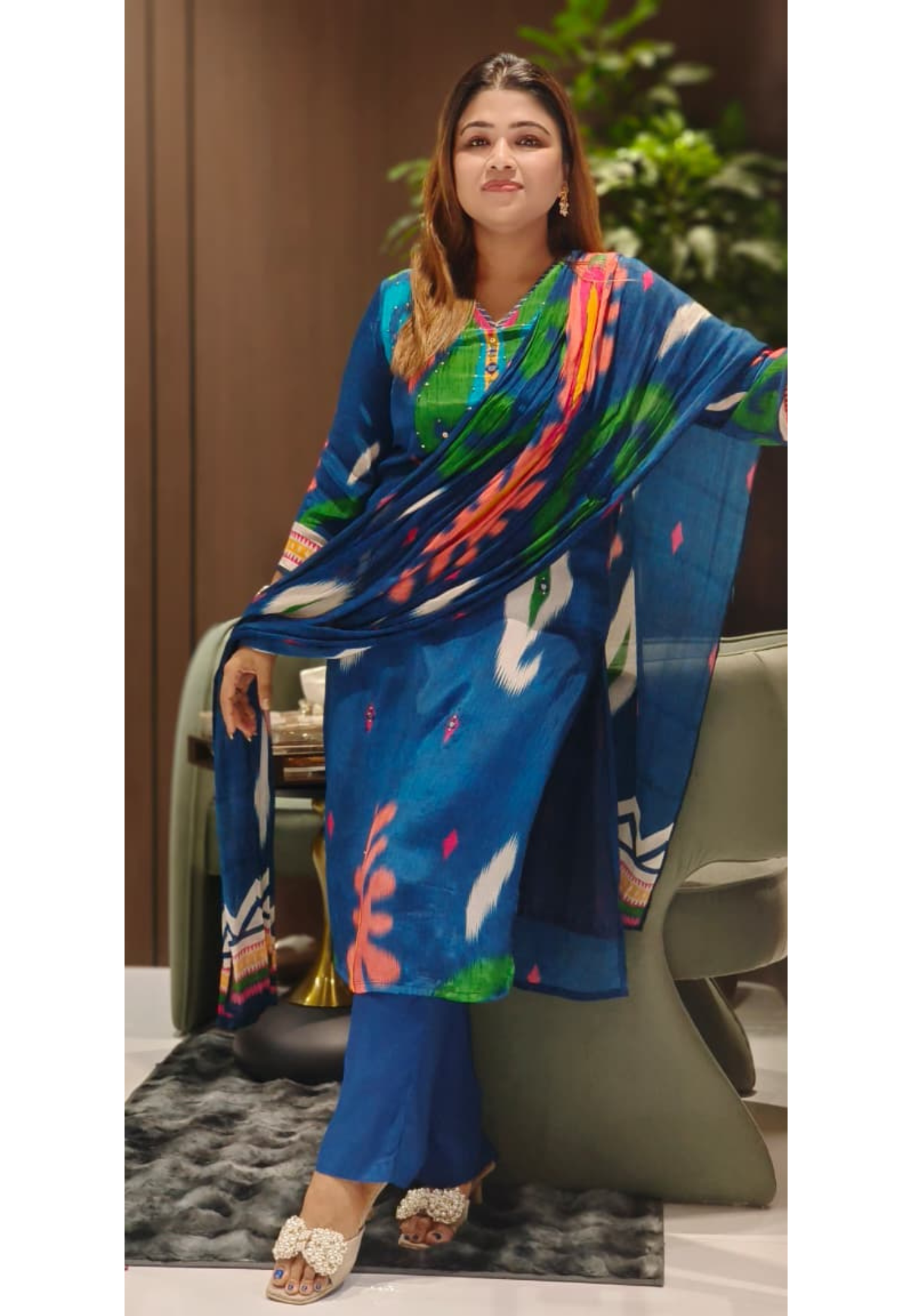 Graceful Ikkat Vibrant Crepe Full Suit Set With Chinon Dupatta- 12520 (Despatching After Monday)