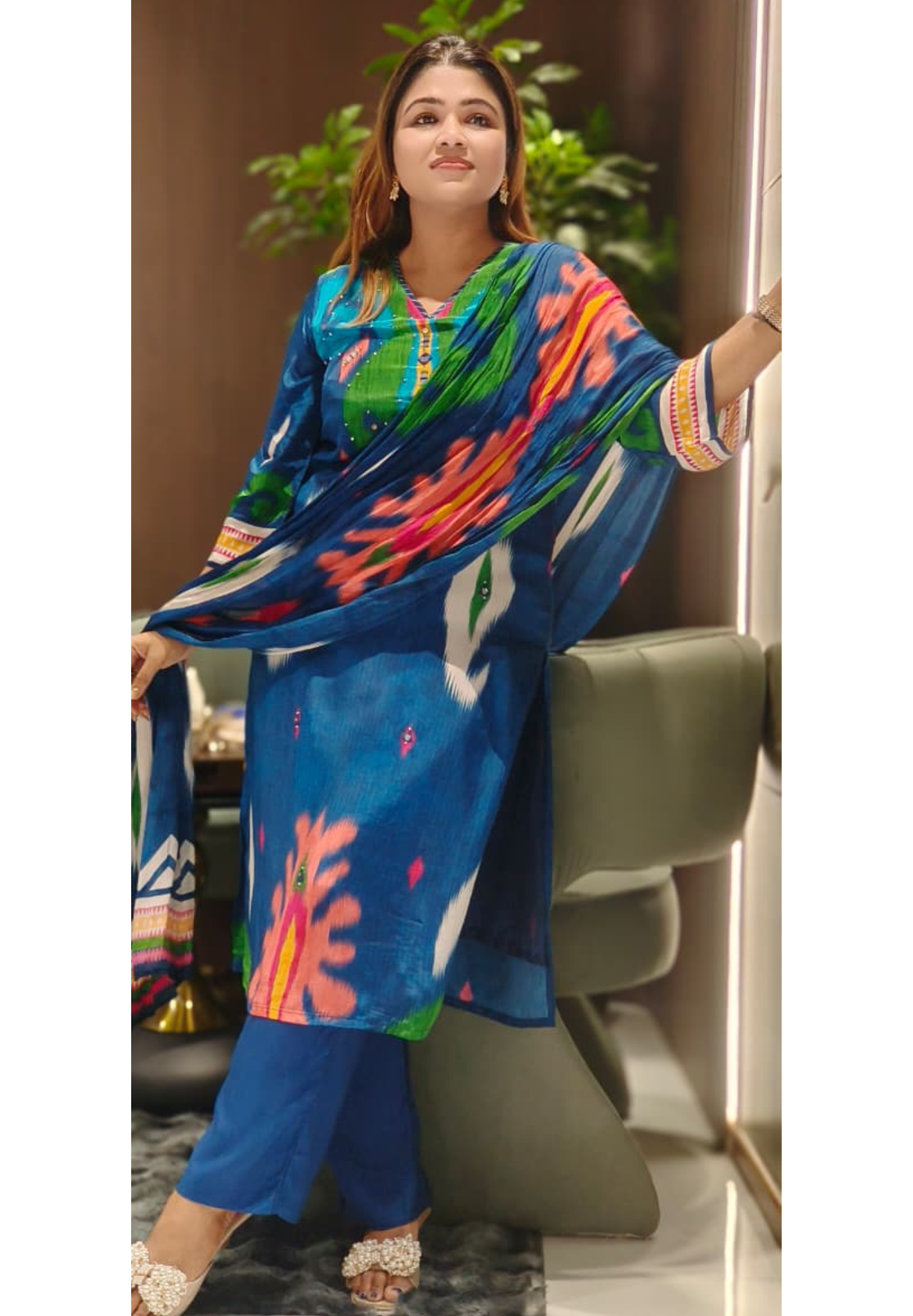 Graceful Ikkat Vibrant Crepe Full Suit Set With Chinon Dupatta- 12520 (Despatching After Monday)