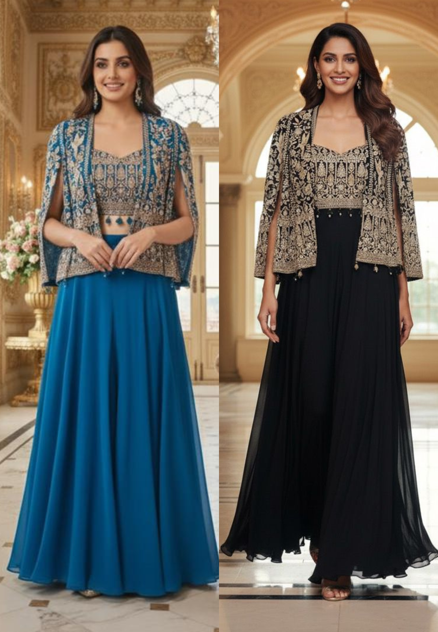 Heavily Hand Embroidered Short Length Open Jacket With Crop Top & Flarred Palazzo Bottom