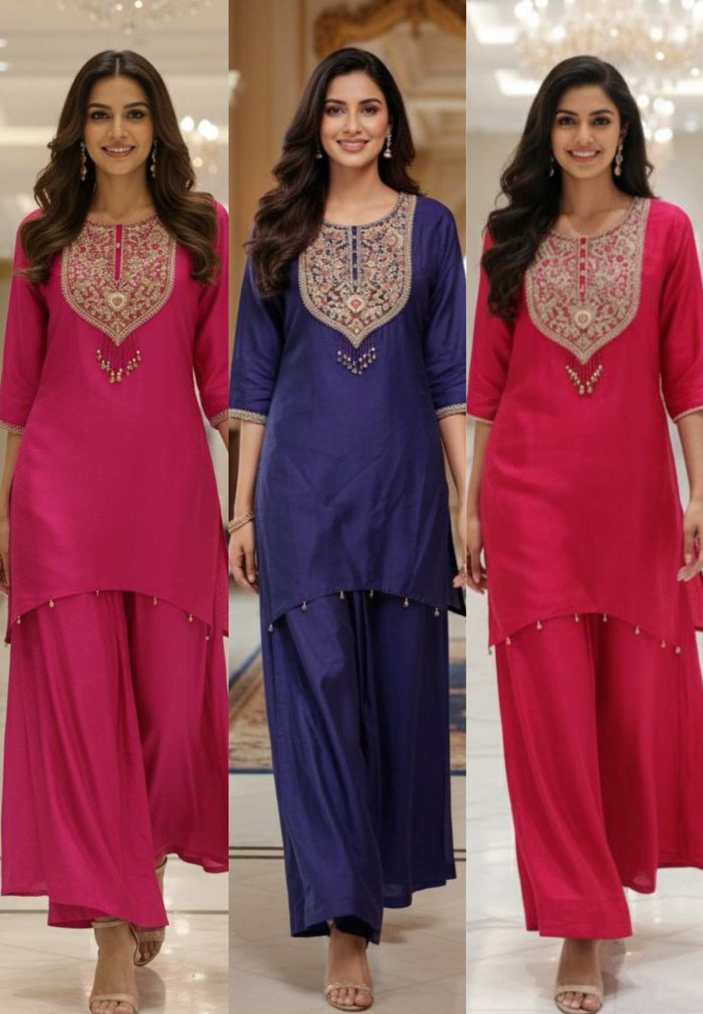 Floral Embroidery With Tassel High Low A-Line Kurta Pant Set In Dola Silk Fabric- 12463