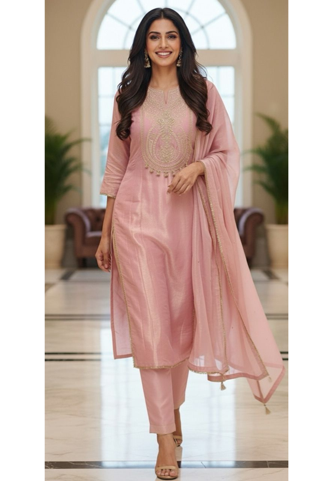 Golden Zardosi Front Work With Tassel Panel A-Line Full Suit Set Wih Dupatta In Tissue Fabric- 12547