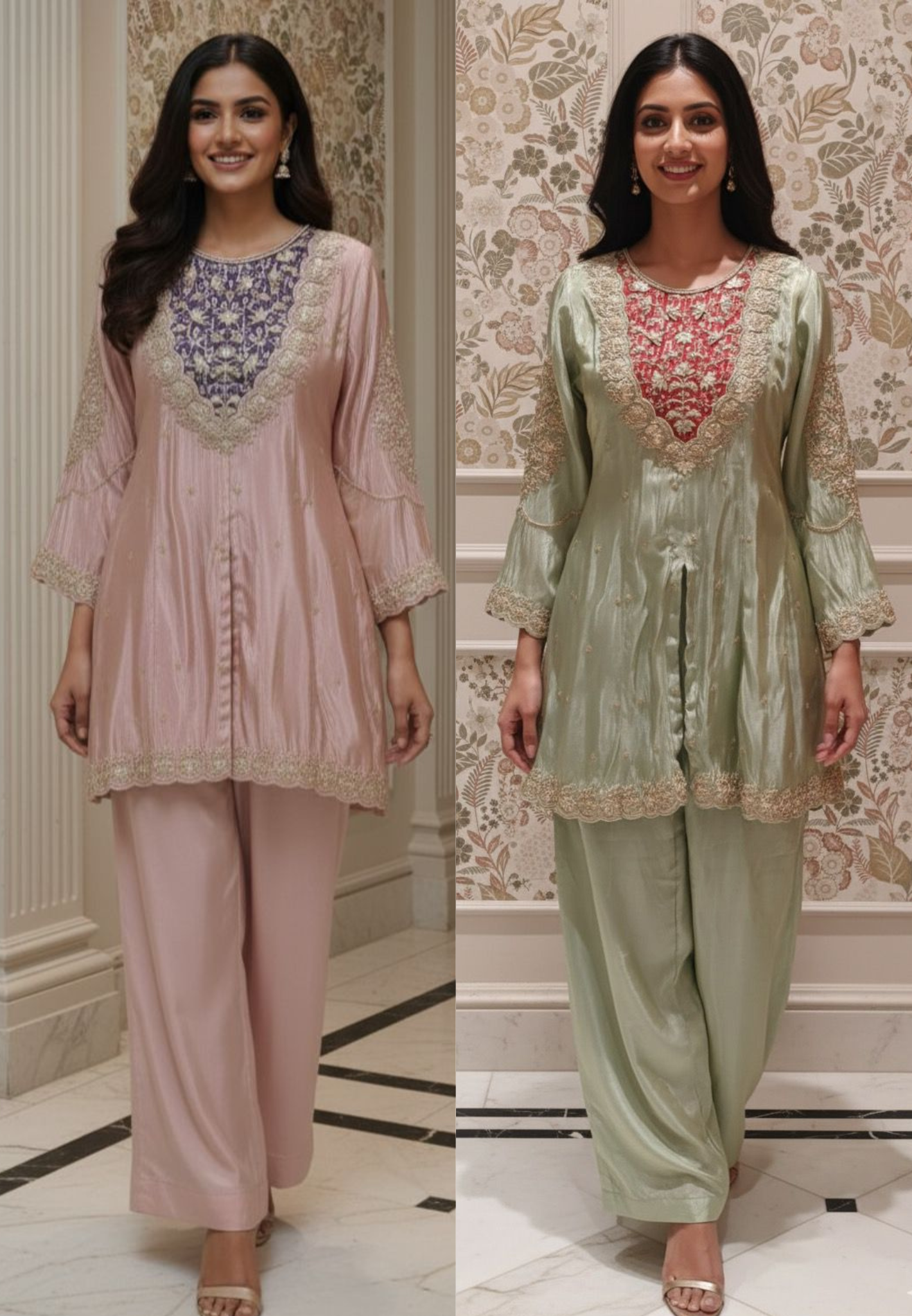 Twin Color Front Work Peplum Front Slitted Panel Kurta With Tapered Palazzo In Tissue Fabric- 12524