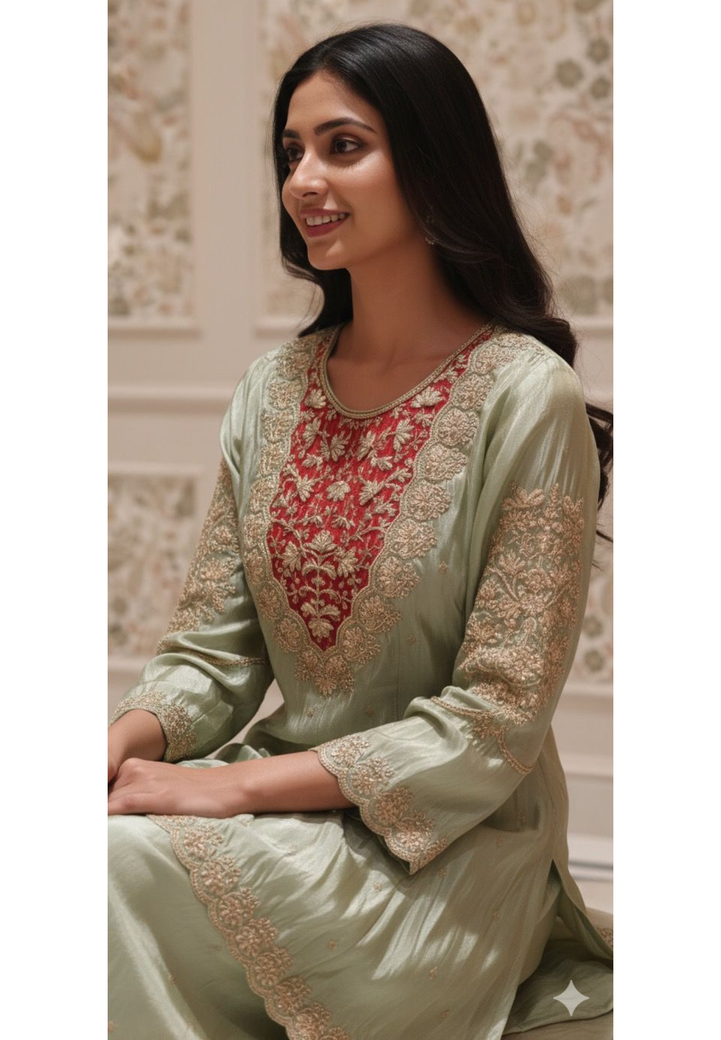 Twin Color Front Work Peplum Front Slitted Panel Kurta With Tapered Palazzo In Tissue Fabric- 12524