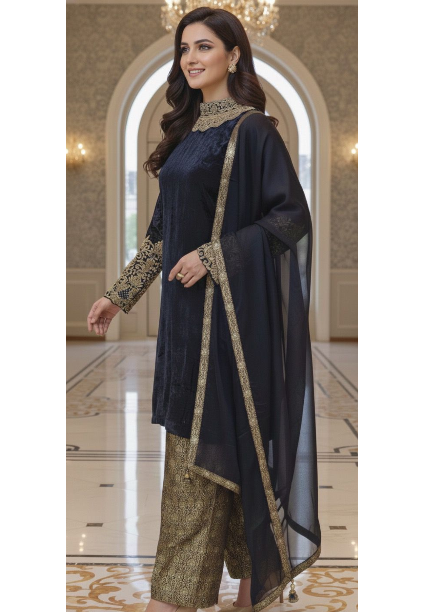 Rich Golden Zardosi Work Covered Neck Velvet Kurta With Heavy Brocade Bottom & Plain Bordered Dupatta- 12612