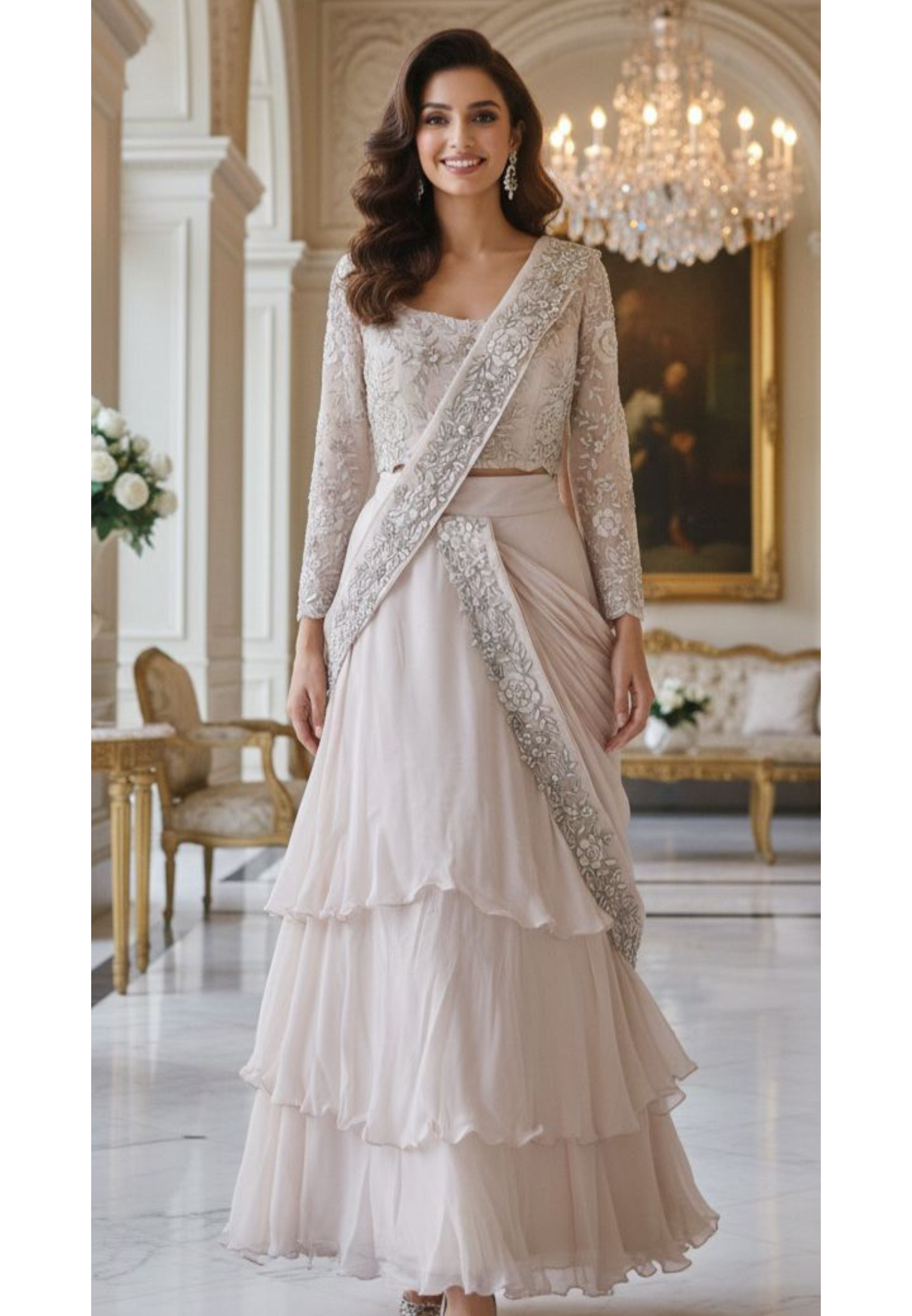 Exclusive Ruffle Lehenga Outfit with Designer Floral Embellished Blouse and Beautifully Hand Worked Drape Dress-12609 (DISPATCHING AFTER 30 DAYS ON ORDERS)