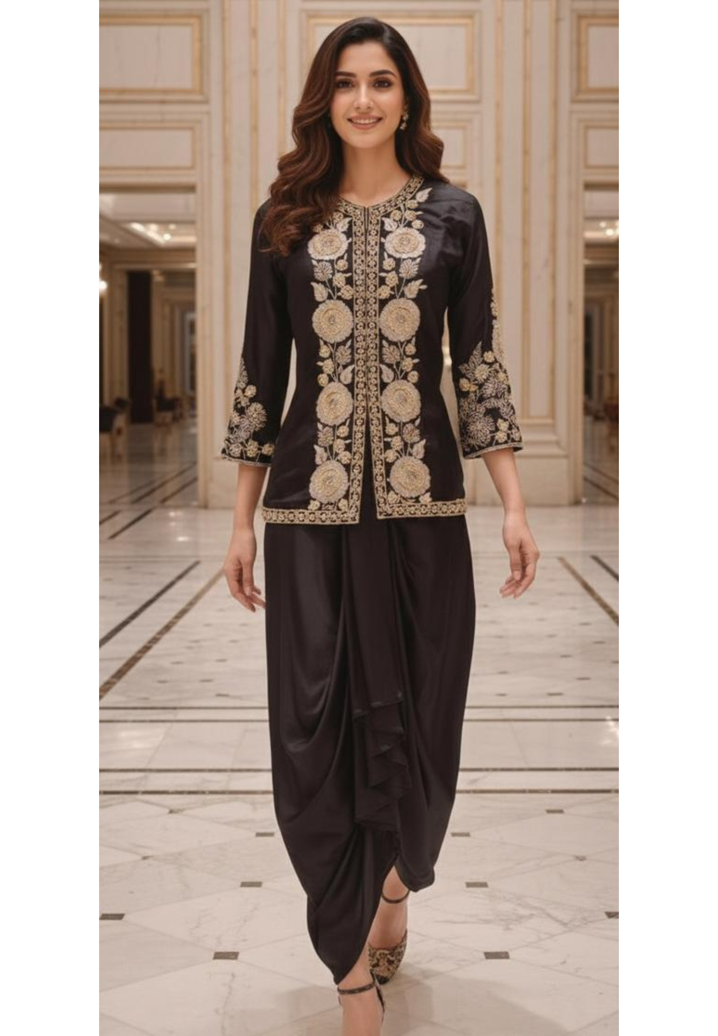 Luxury Dola Silk Black Indowestern Kurta with Harem Bottom Handcrafted Mirror & Zari Thread Floral Embroidery DRYWASH-012446