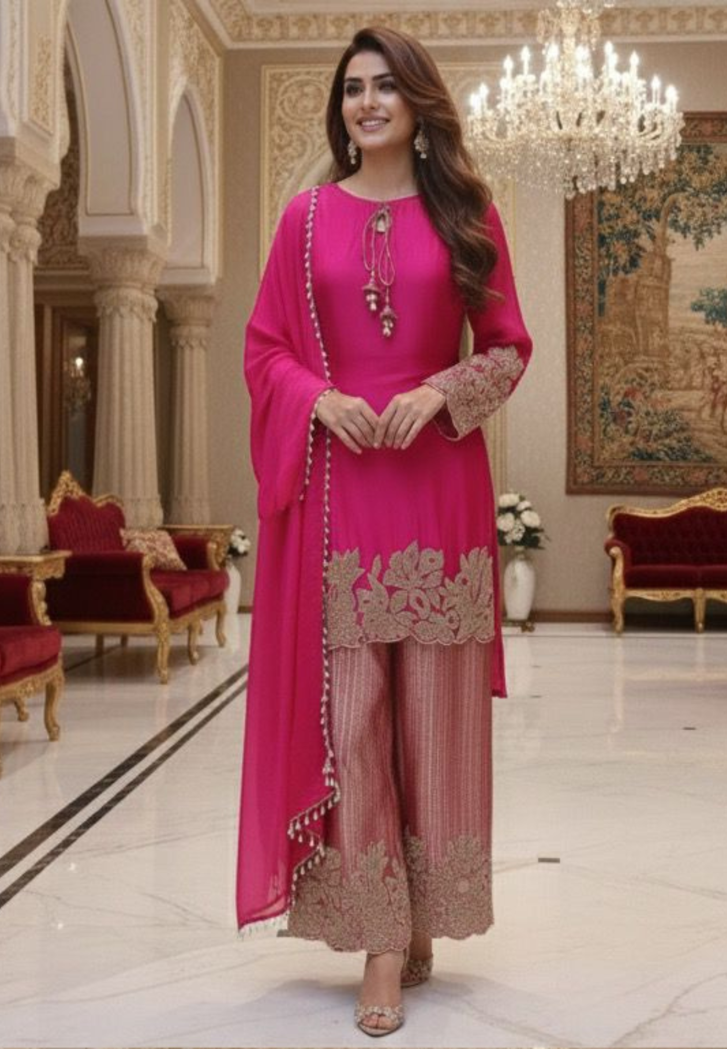 Premium Fuchsia Embroidered Kurta with Zari Work Heavy Brocade Palazzo and Matching Dupatta-12455,12457