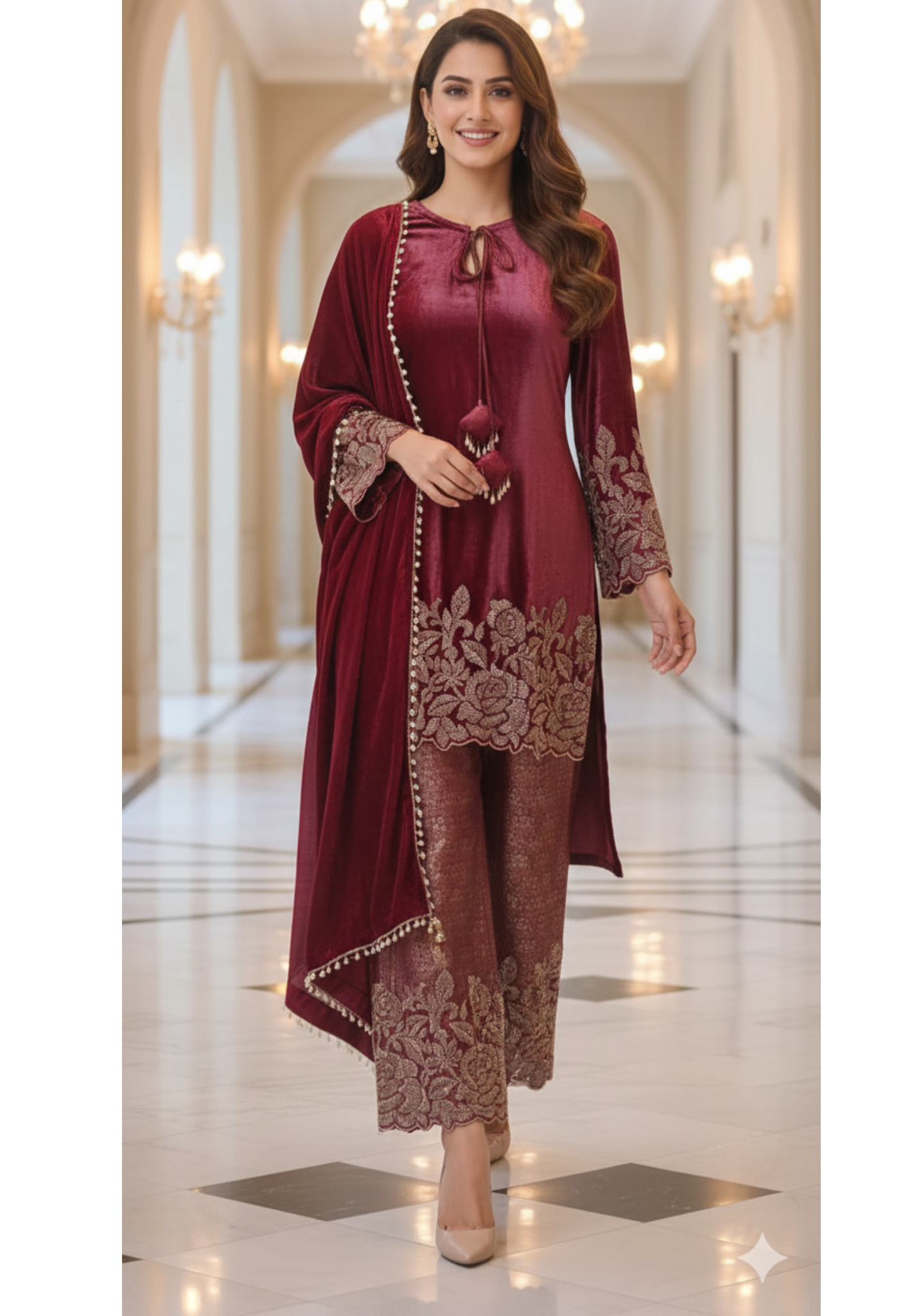Cut-Dana Embellished Velvet Kurta With Heavy Brocade Bottom & Pearl Tasseled Dupatta- 12453