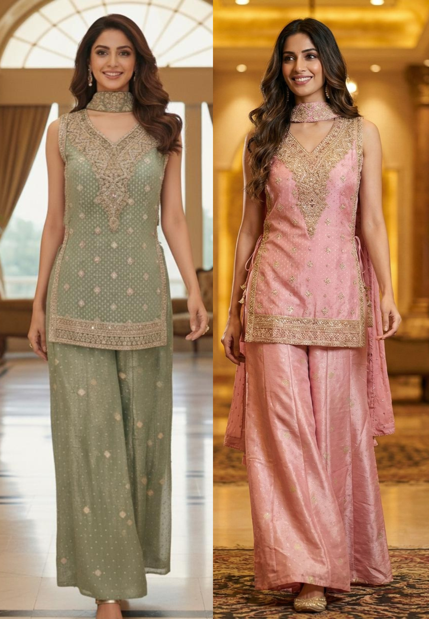 Heavily Crystal Beads Hand Embroidered Short Length Kurta With Loose Palazzo Bottom & Chowker Dupatta(Attached Sleeve)- 12469,12468