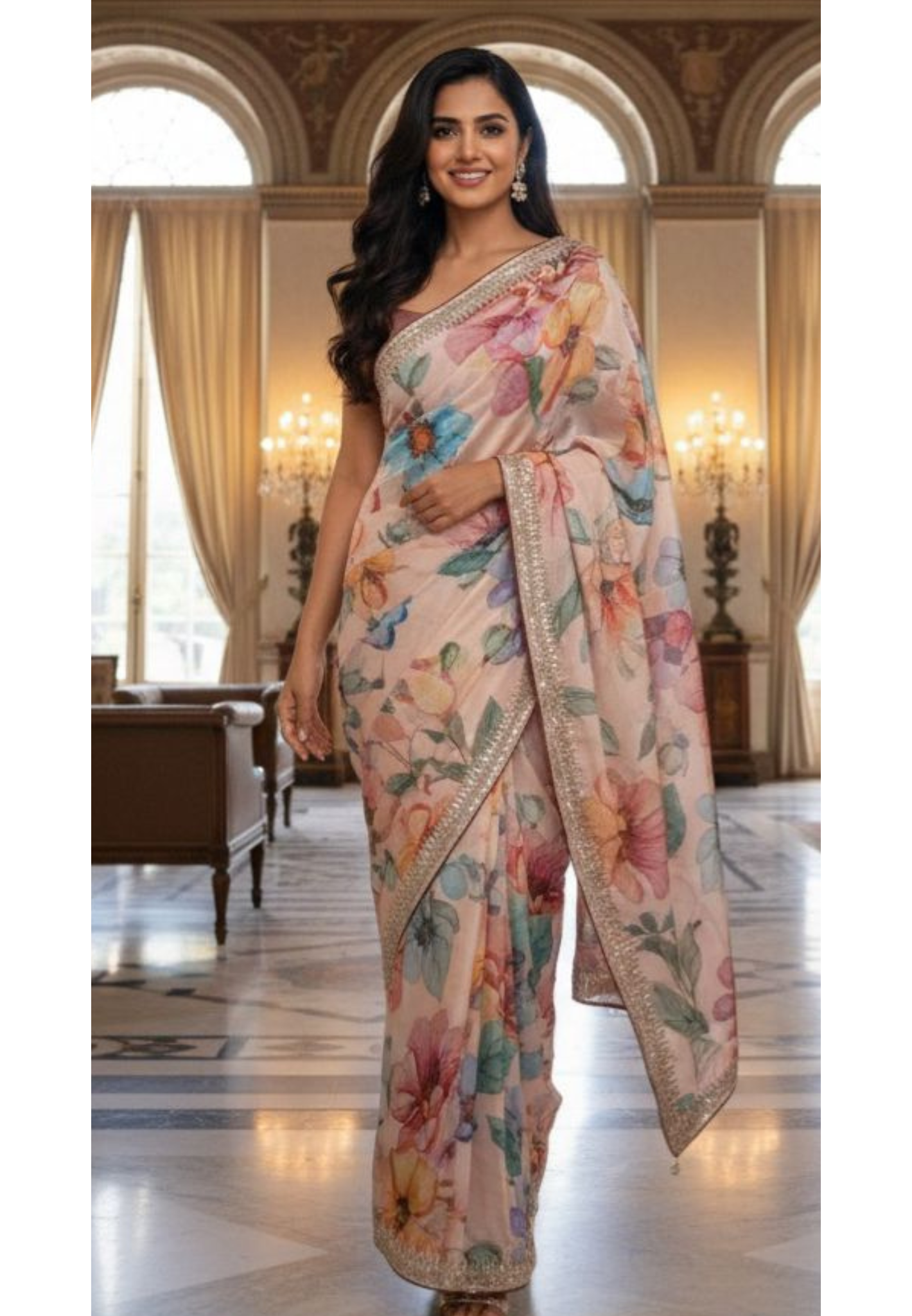 Very Uniquely Worked Digital Floral Prints Saree With Unstitched Blouse