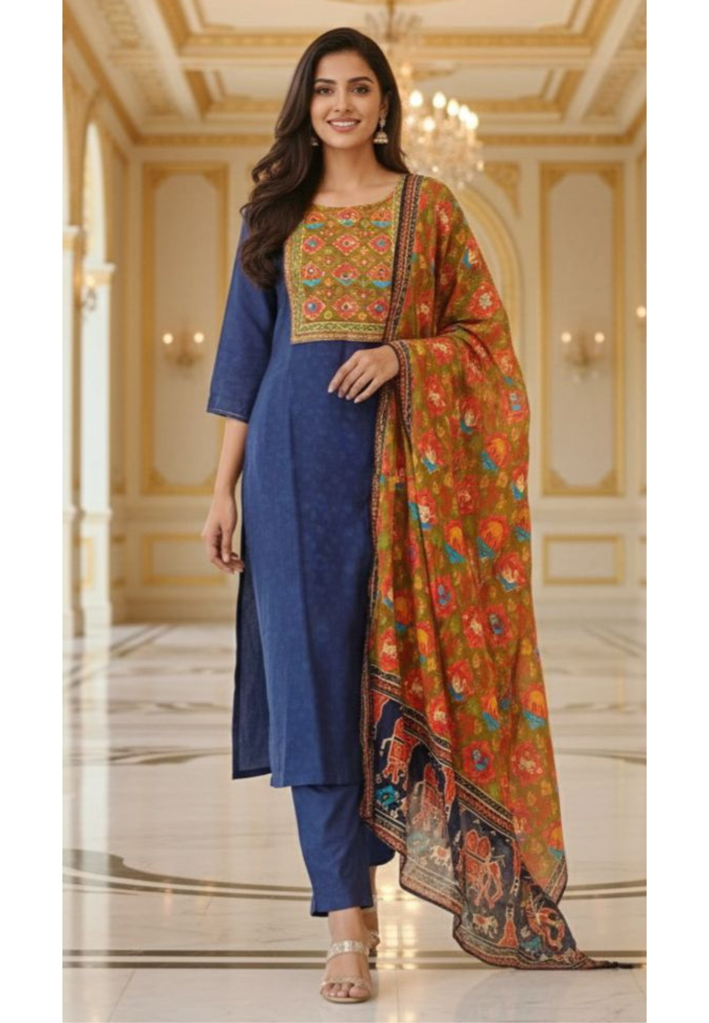 Dola Silk Foil Mirror Embroidered Yoke bright Color Kurta with Pant And chinnon Dupatta