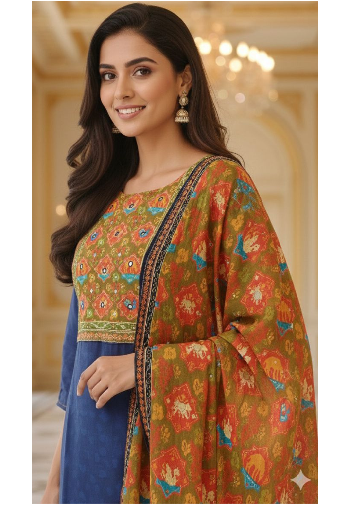 Dola Silk Foil Mirror Embroidered Yoke bright Color Kurta with Pant And chinnon Dupatta