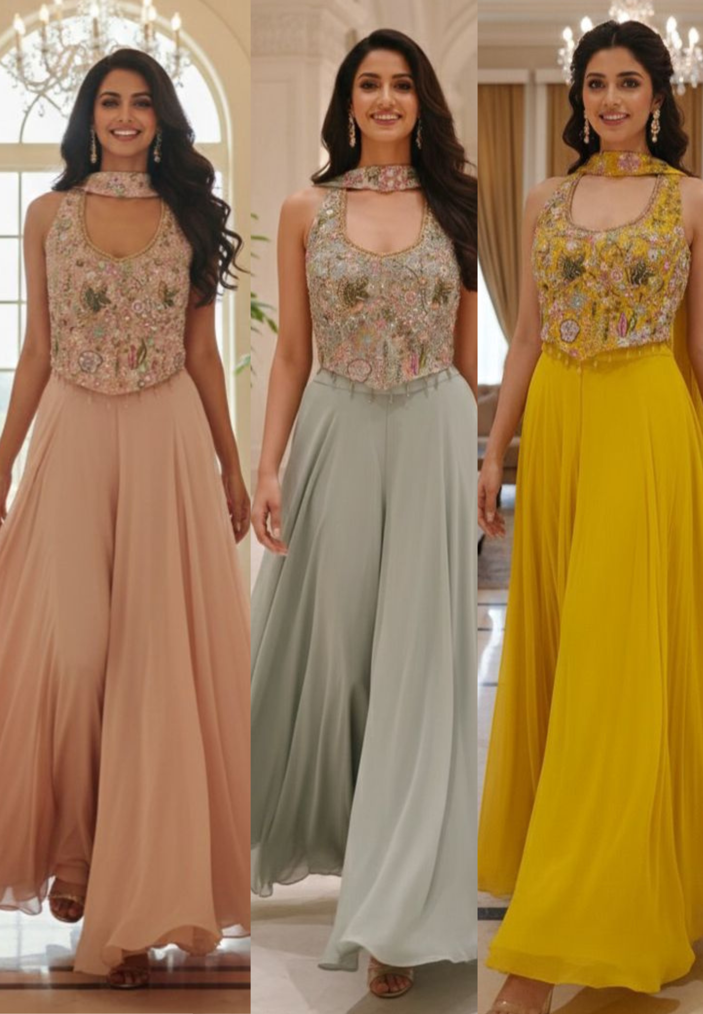 Luxury Embellished Halter Neck Crop Top with Multi-Colour Handwork and High-Flare Palazzo Set With Chokar Dupatta DRYWASH